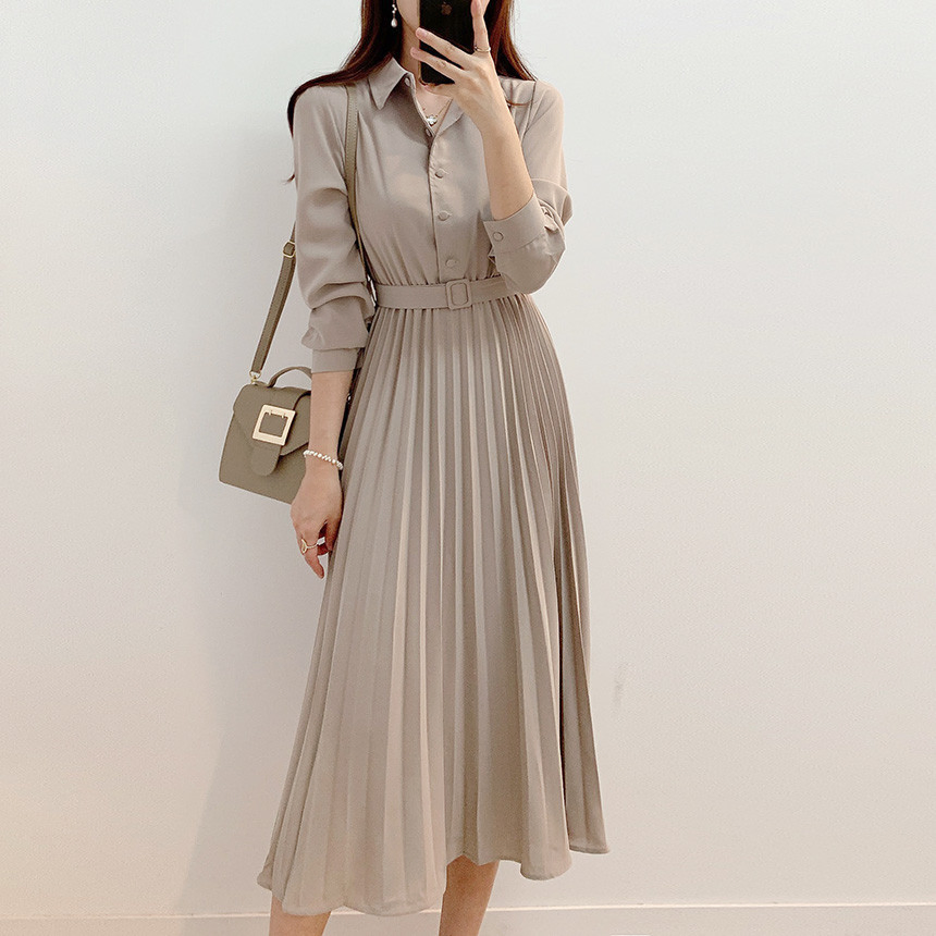 Nuevos vestidos largos plisados para mujeres, vestido de camisa con solapa, de manga larga, elegante francés, color sólido, vestido casual para oficina