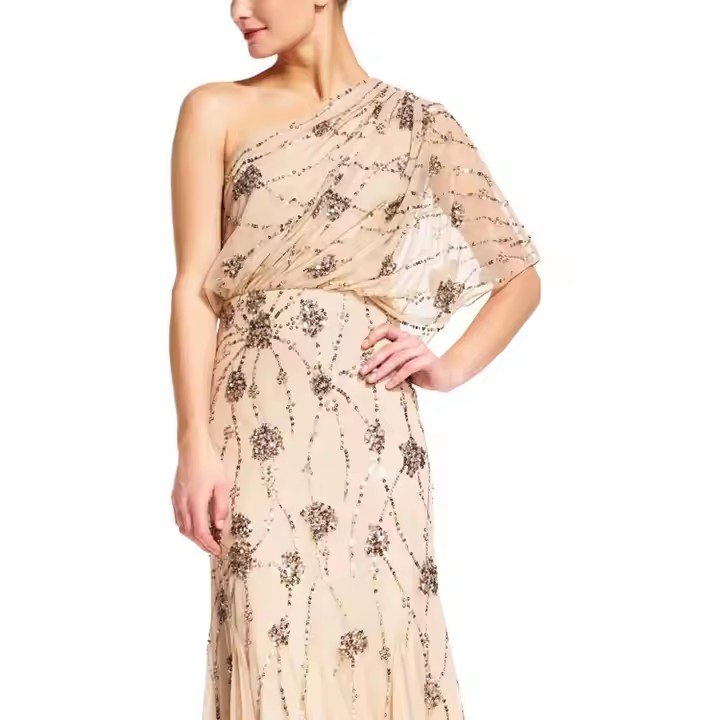 Vestido elegante de una sola manga para mujeres y niñas, de mejor calidad, personalizado, oversize, con cuentas, vestido de primavera para la noche