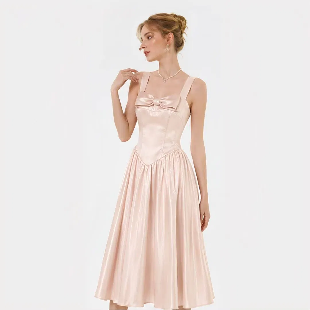 Vestido MIDI de satén rosa con lazo en la parte delantera, tirantes anchos, corte A, vestido de cóctel para mujeres