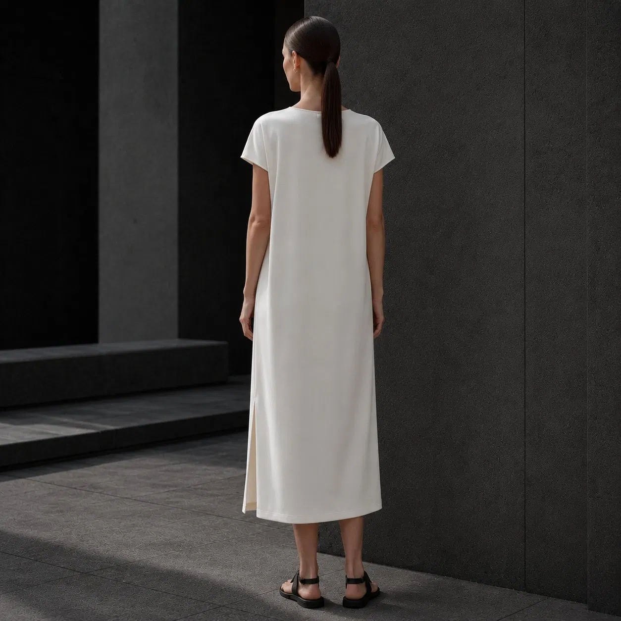 Vestido MIDI reversible minimalista para mujer con frente en V y nudo en la espalda, manga corta, abertura lateral, suelto, ideal para viajar, tela personalizada, stock disponible