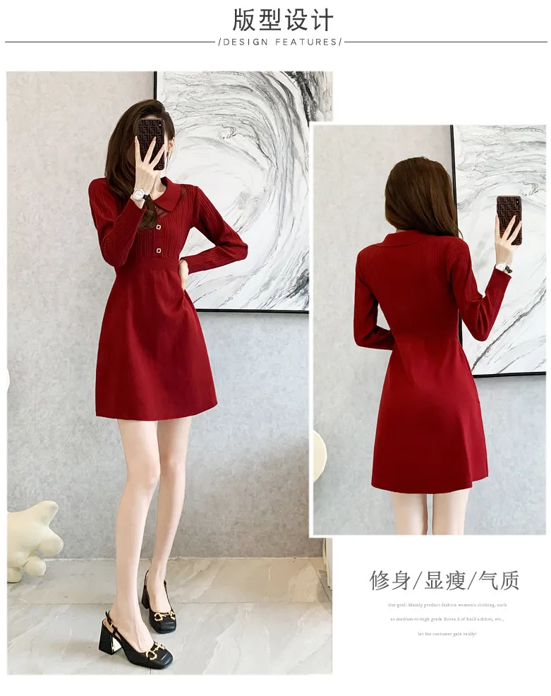 Vestido casual de línea A con cuello rojo para oficina para mujeres