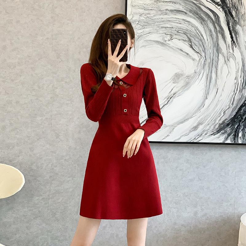 Vestido casual de línea A con cuello rojo para oficina para mujeres
