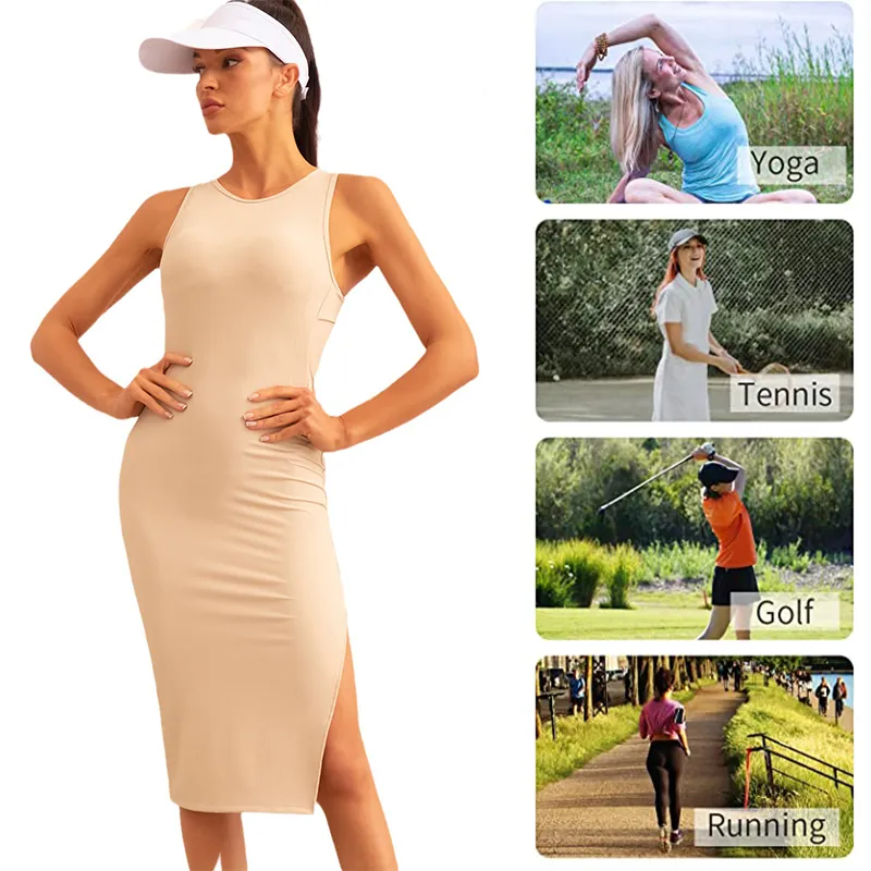 Vestido de tenis sin mangas esencial de verano al por mayor con sujetador incorporado, ropa deportiva sexy con espalda abierta personalizada para mujeres, vestidos de playa para hacer ejercicio