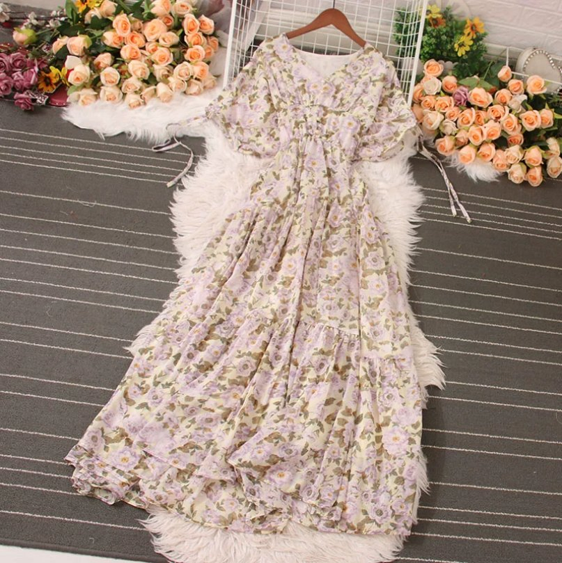 Vestido de hada largo y fluido vintage francés encantador para mujeres