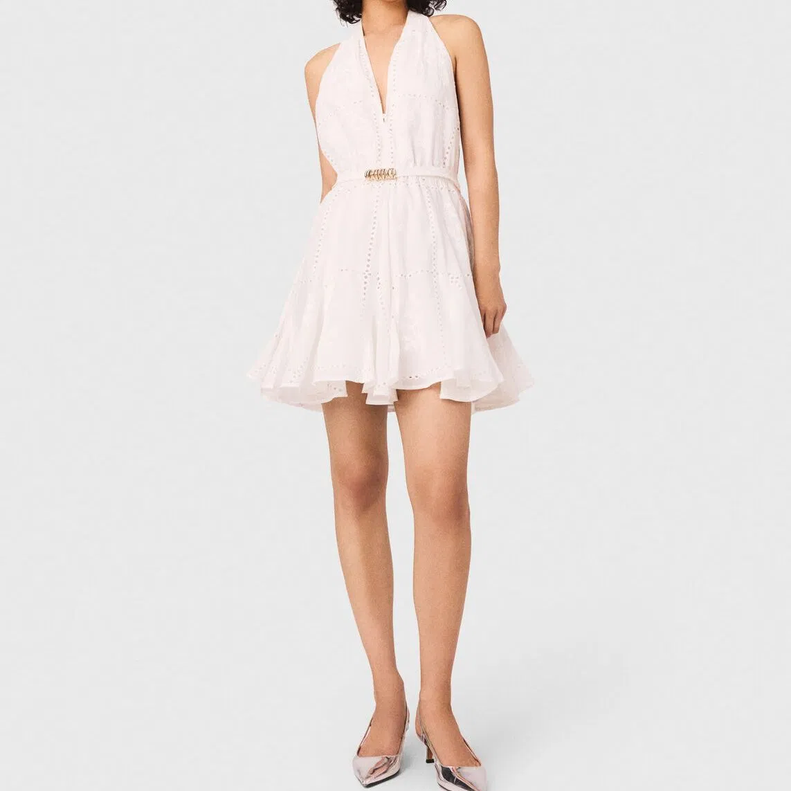 Vestido de noche de mujer en estilo nuevo de verano, sin mangas, sin espalda, con cuello en V, sexy, ajustado, de encaje calado, en línea A