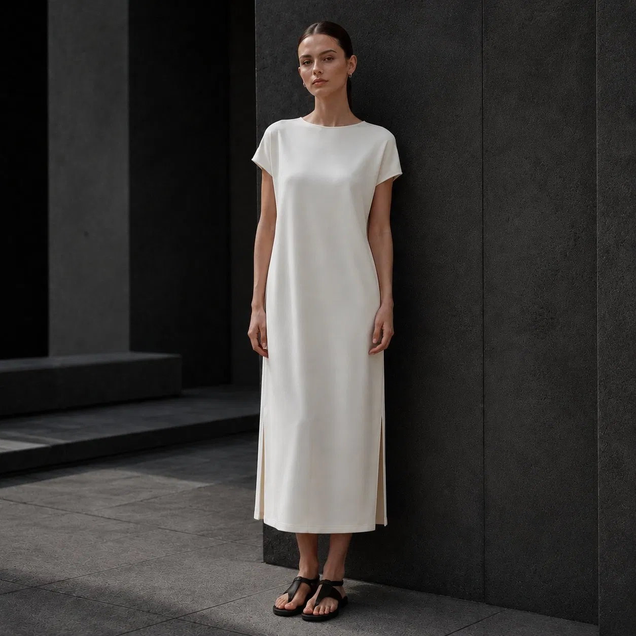 Vestido MIDI reversible minimalista para mujer con frente en V y nudo en la espalda, manga corta, abertura lateral, suelto, ideal para viajar, tela personalizada, stock disponible