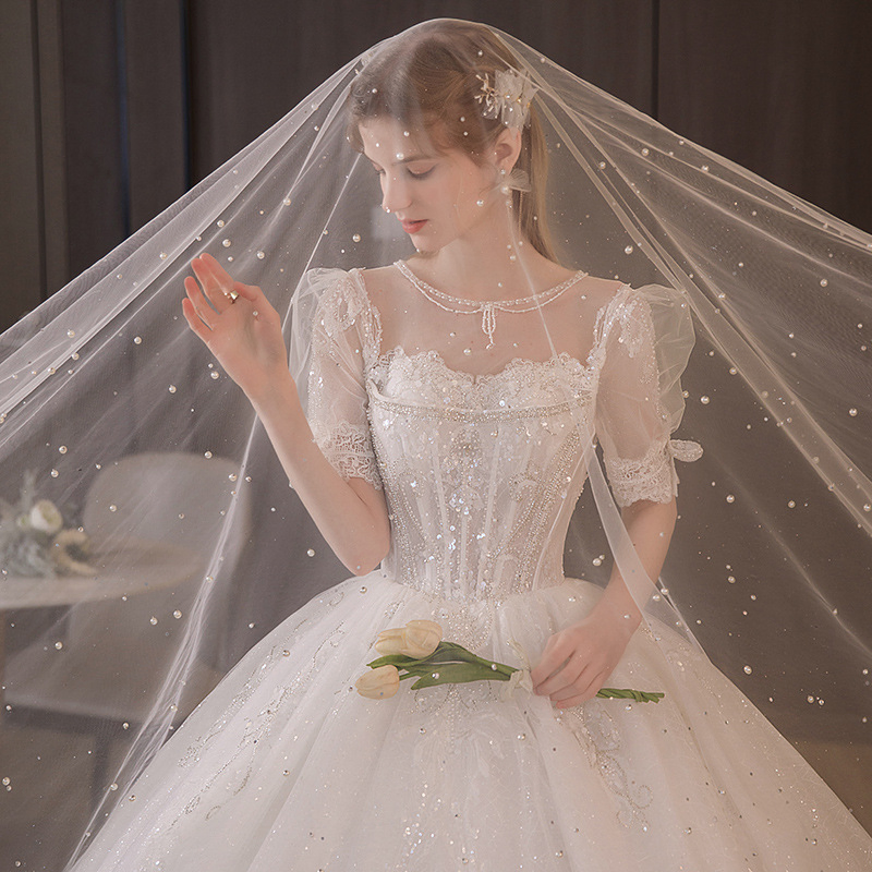 Vestido de novia A-Line de organza con cuentas y cola de capilla Blingbling