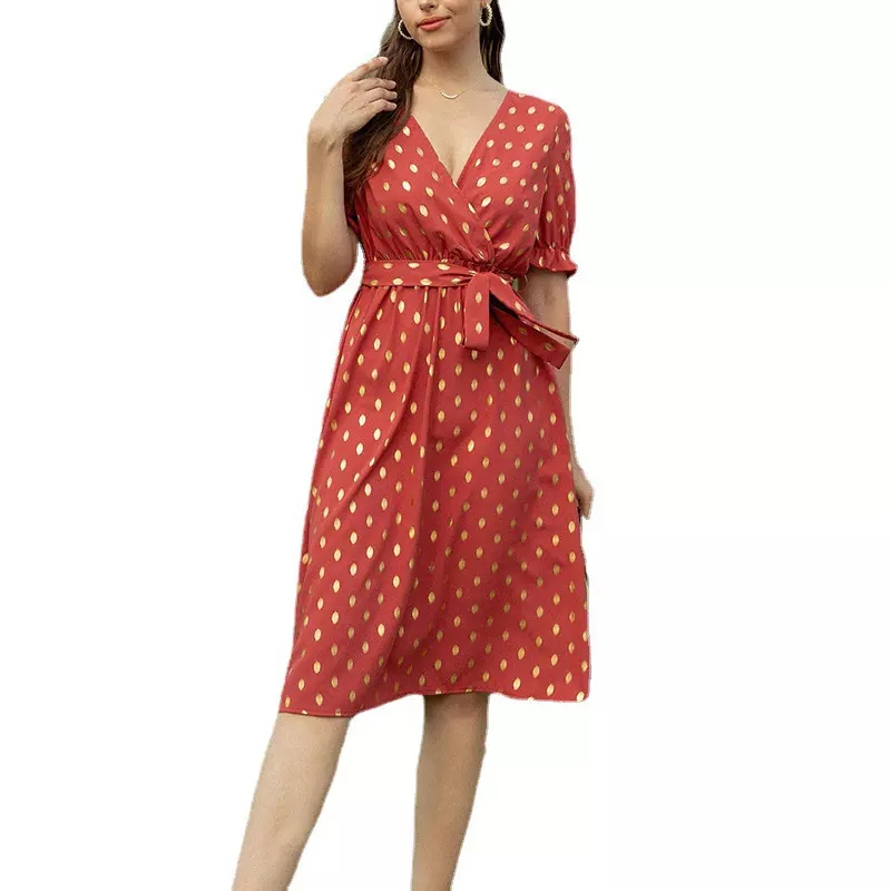 Vestido de oficina con estampado de puntos para mujer, de manga corta, escote en V, casual de verano