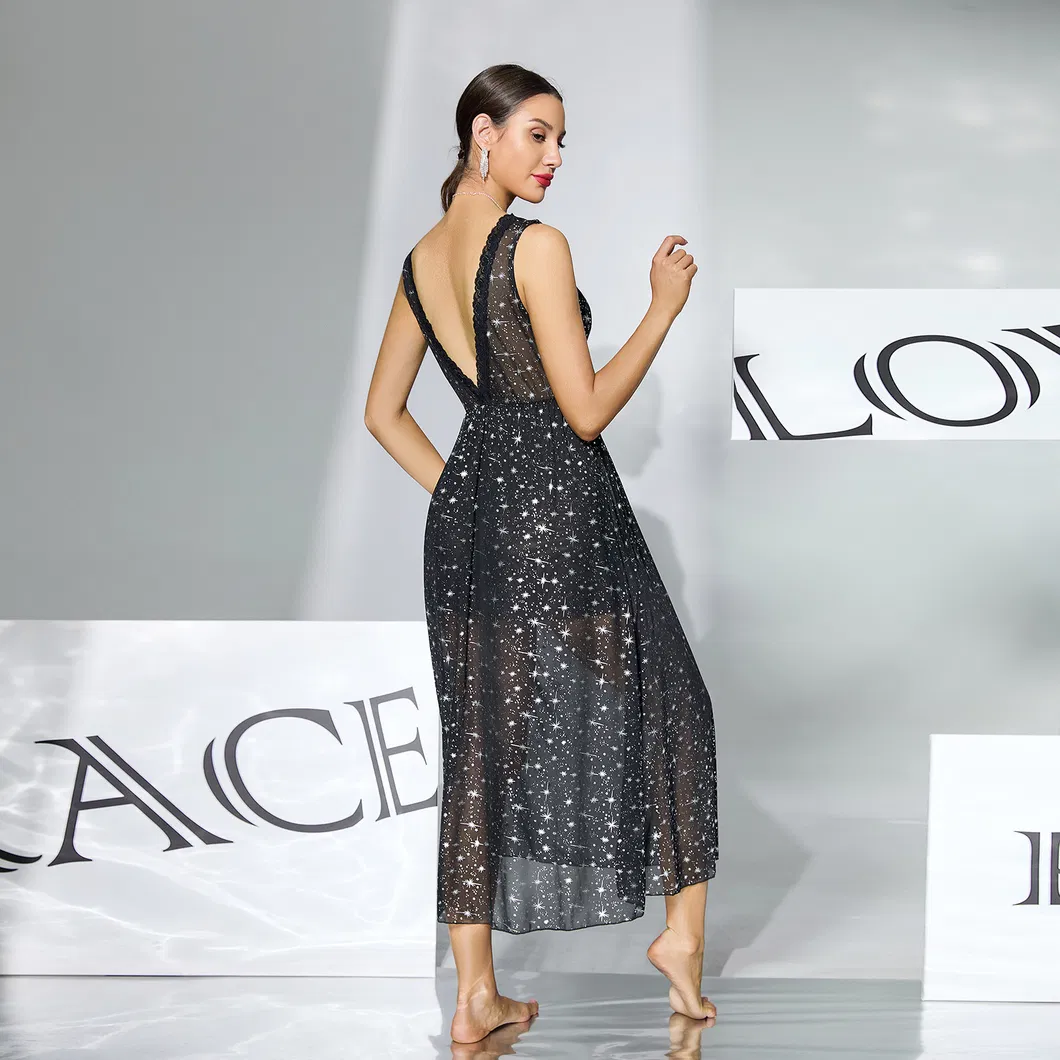 Vestido de dormir de malla brillante estrellada de lujo con espalda profunda y sin espalda, vestido de cita de longitud media para mujer