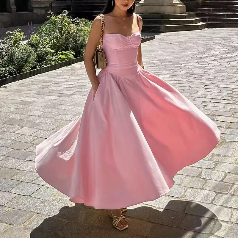 Vestido de tirantes sexy de color sólido hecho a medida para mujeres por el fabricante