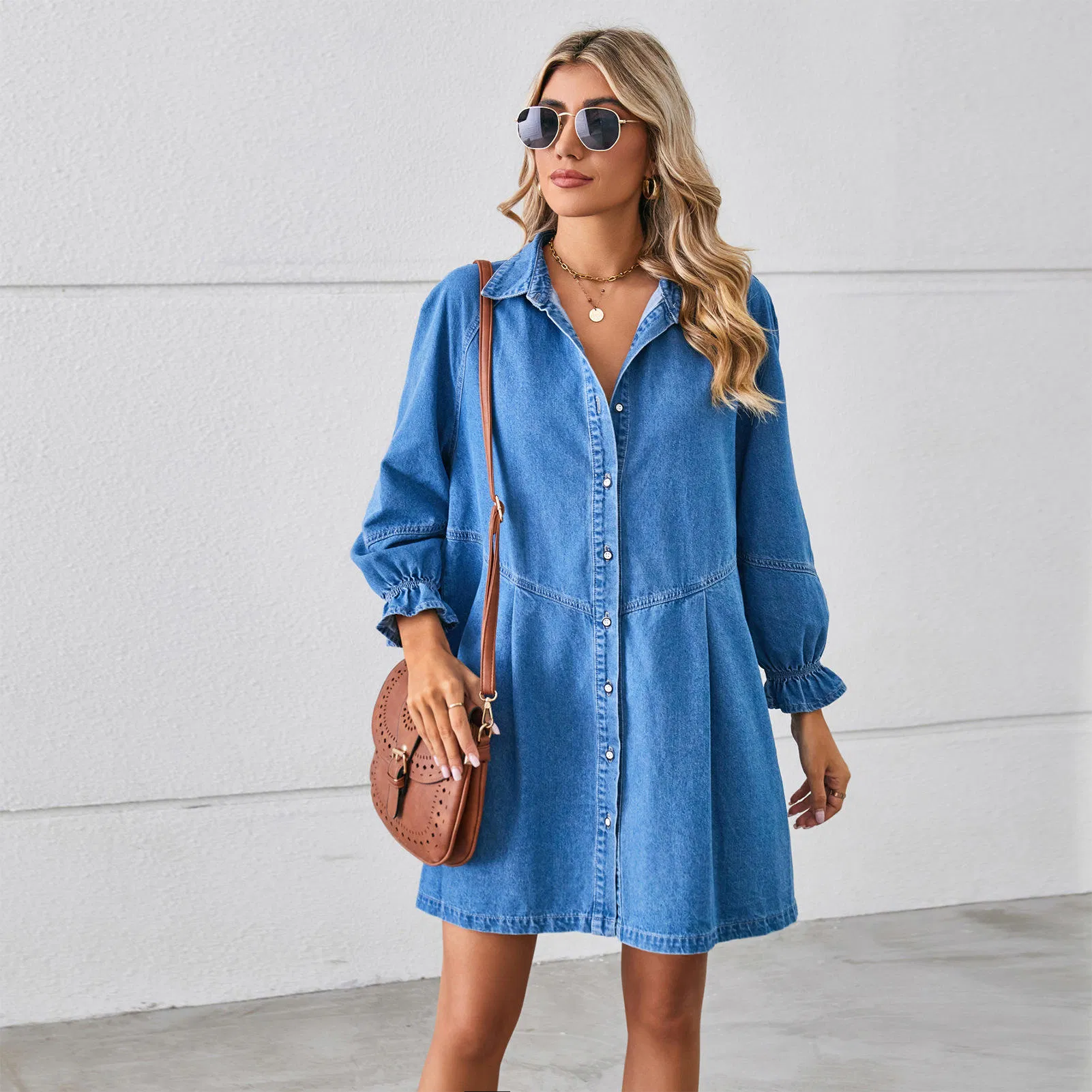 Vestido de mezclilla con mangas, nuevo estilo casual para mujeres, suelto, lavado, largo - vestido maxi de verano