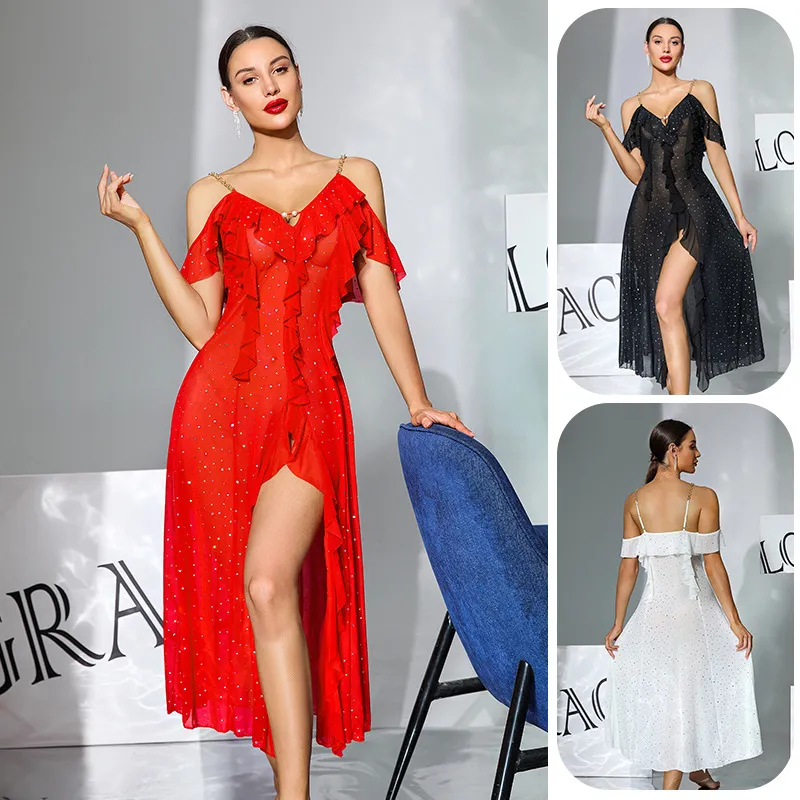Vestido de dormir de malla brillante estrellada de lujo con espalda profunda y sin espalda, vestido de cita de longitud media para mujer