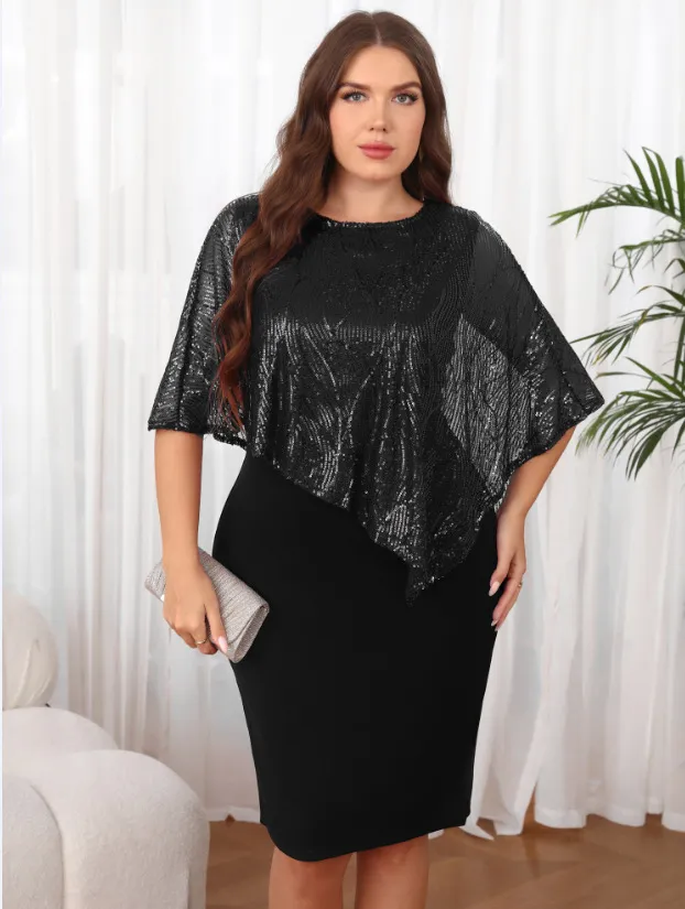 Vestido Bodycon con Superposición de Lentejuelas de Talla Grande al por Mayor, Vestido de Cóctel Elegante para la Noche, Conjunto Formal Halagador 2 para Mujeres Plus