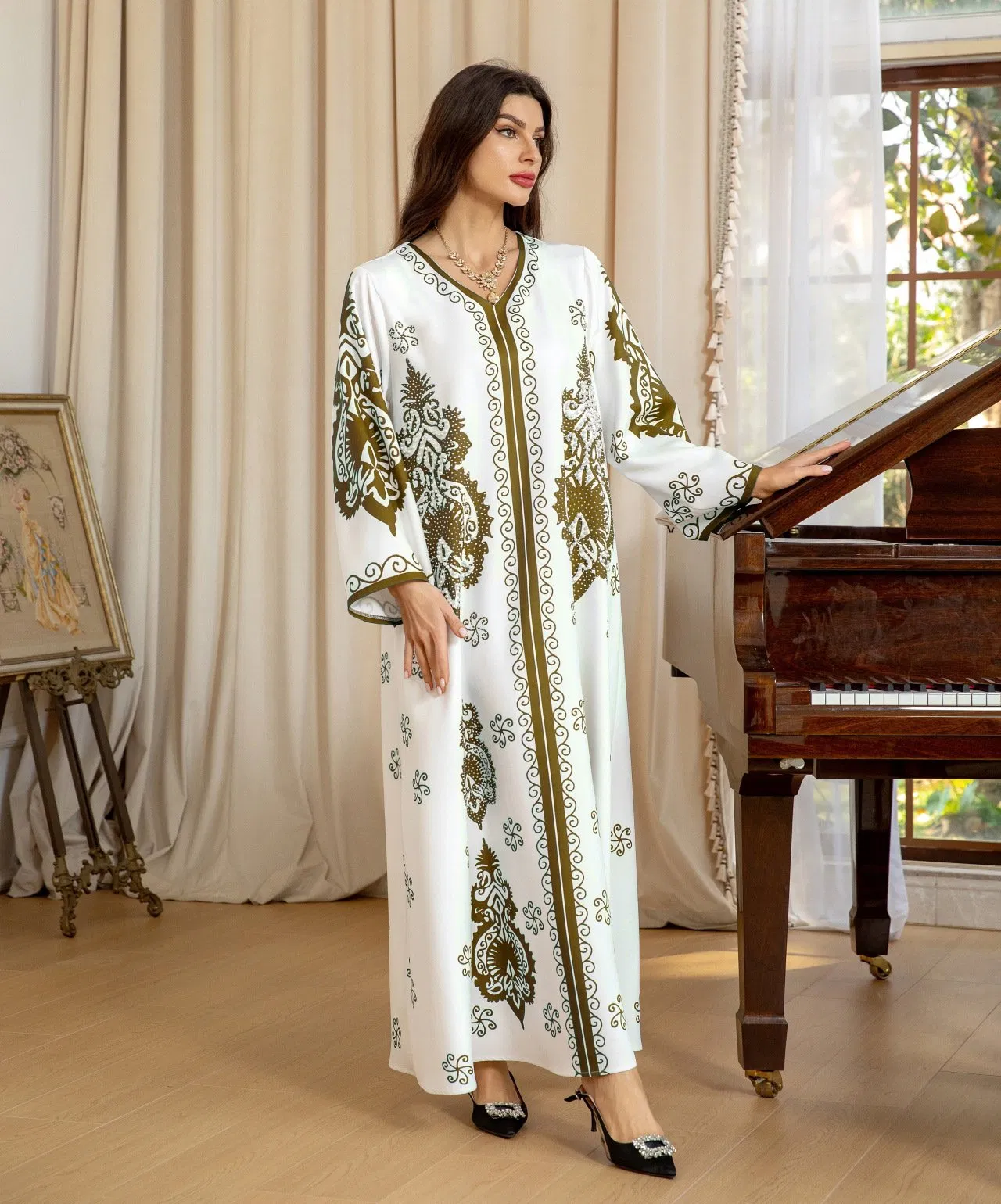 Vestido de kaftán de lujo de Dubái para mujeres con adornos de strass y cuentas, elegante abaya larga impresa, vestidos de mujer, bata larga, personalización OEM
