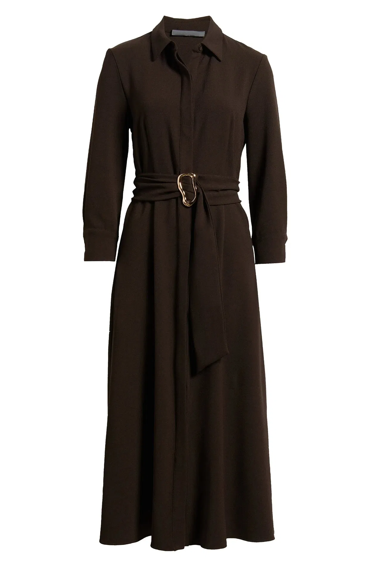 Vestido Midi Camisero con Cinturón para Mujeres - Vestido Acampanado de Poliéster y Spandex Marrón con Cinta en la Cintura