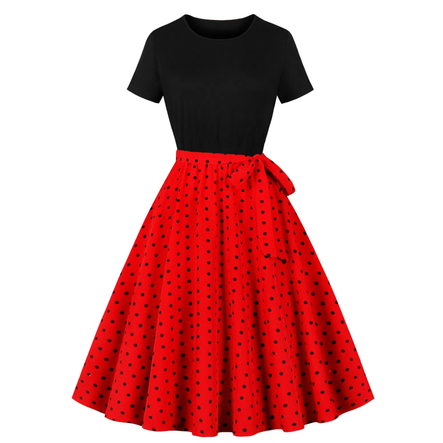 Vestido retro vintage para mujer, de manga corta, parte superior negra, cintura alta, estampado floral de lunares, vestido de cóctel en línea A, estilo rockabilly