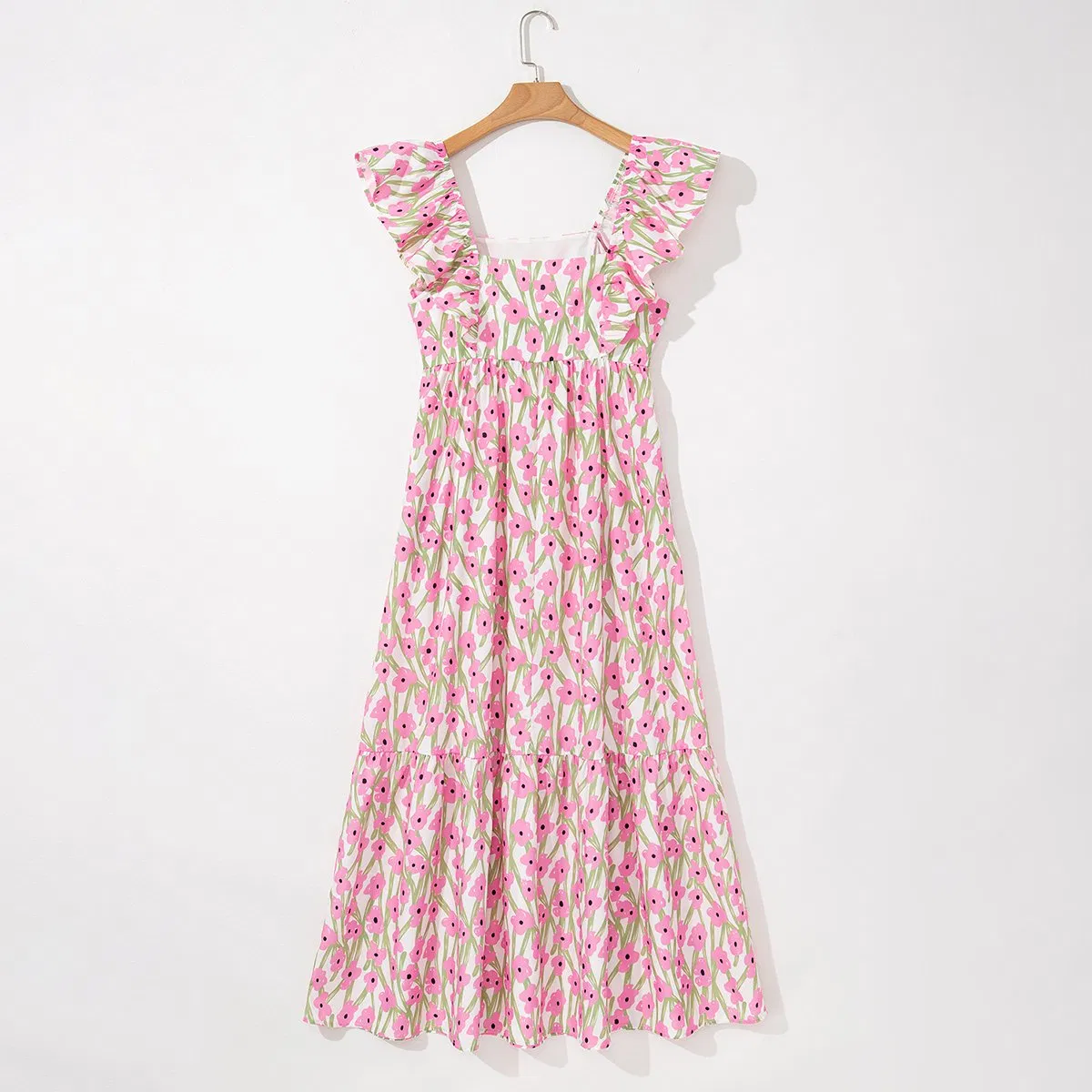 Querido Amor Boutique de Moda Mayorista Vestido Floral Boho de Mujer Cuello Cuadrado Tirantes Volantes Maxi Largo Verano Damas Vestido