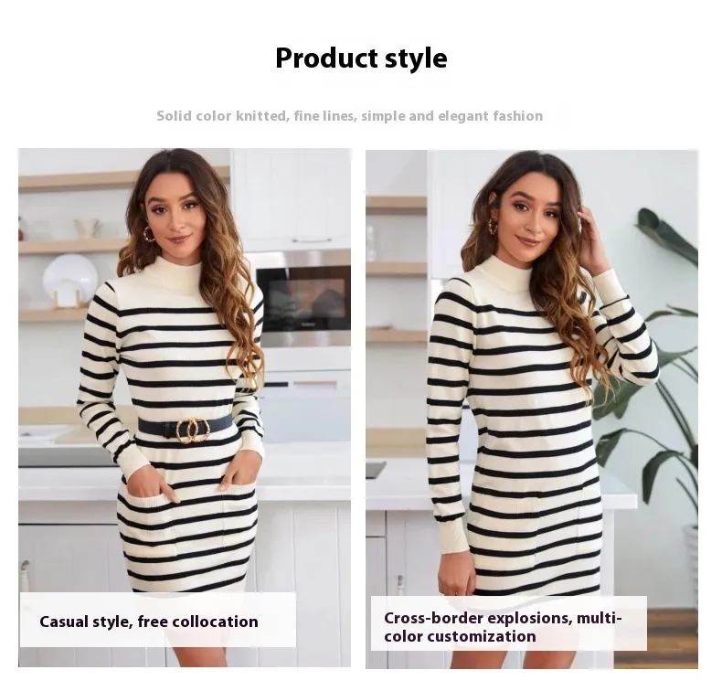 Vestido de punto largo a rayas elegante para el vestuario de oficina de mujeres