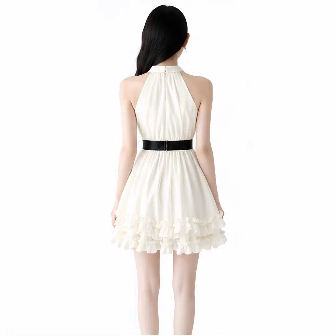 Vestido mini de línea A con cuello de perlas, tirantes halter, cinturón con lazo y dobladillo con volantes para cócteles