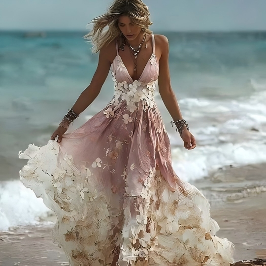 Vestido Maxi de Tirantes Espagueti Floral Elegante para Playa de Mujeres 3D