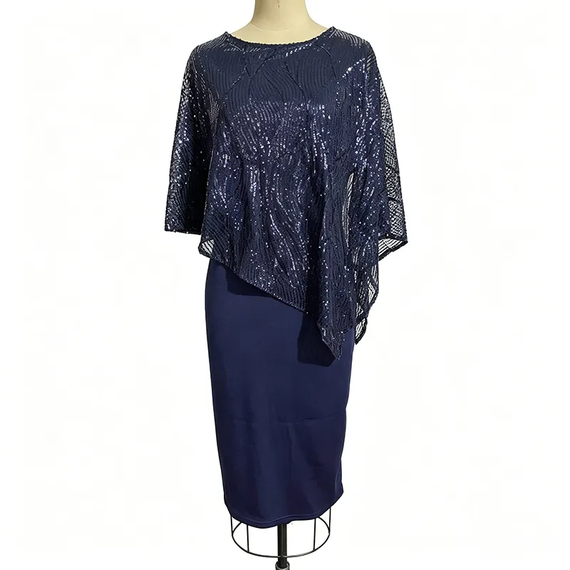 Vestido Bodycon con Superposición de Lentejuelas de Talla Grande al por Mayor, Vestido de Cóctel Elegante para la Noche, Conjunto Formal Halagador 2 para Mujeres Plus