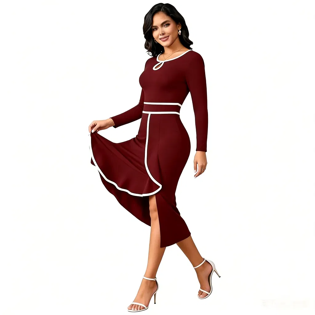 Vestido midi ajustado burdeos con ribete blanco, de manga larga, con escote en forma de llave, contraste en el dobladillo con volantes y abertura, elegante para fiestas y oficina