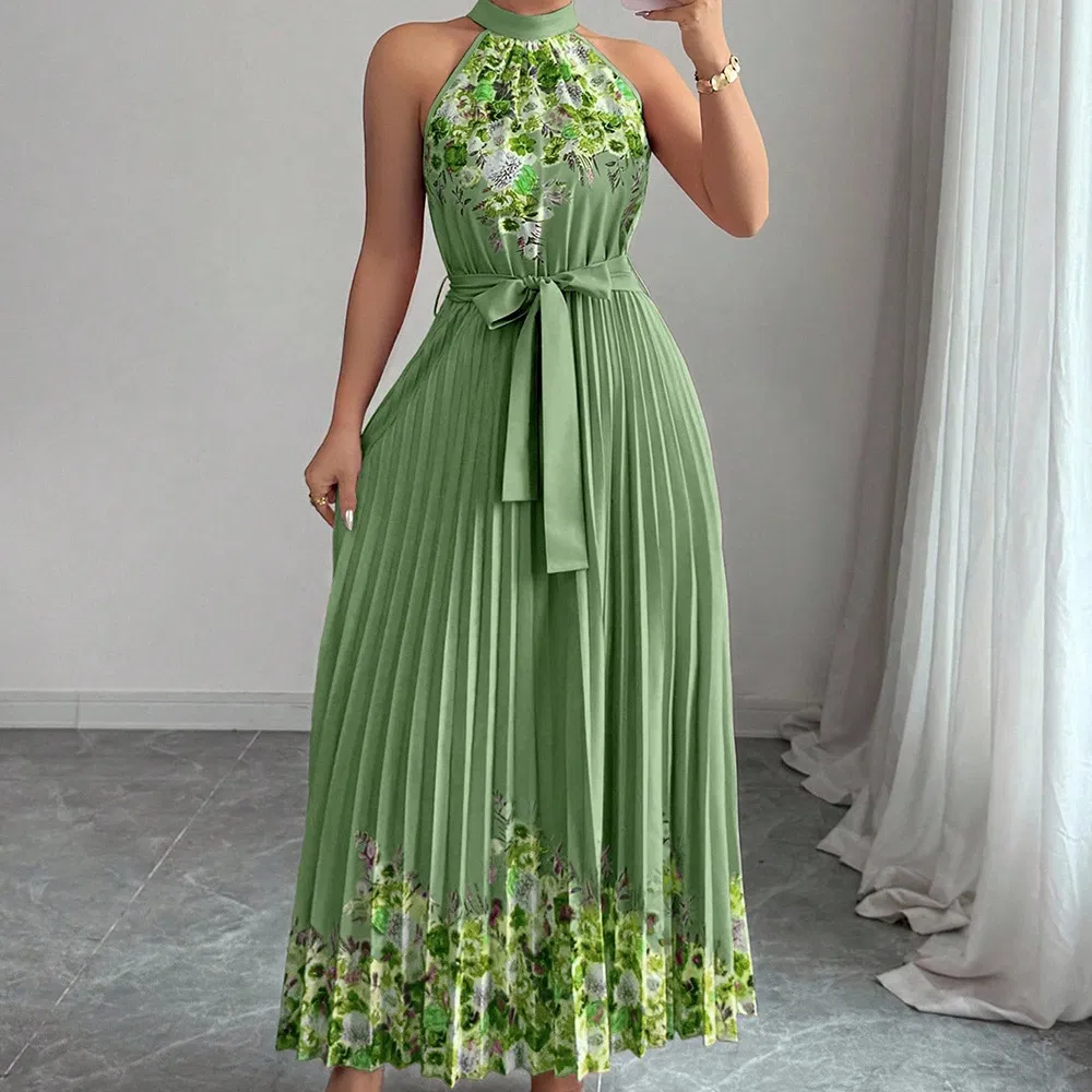 Nuevo vestido largo plisado impreso y a la moda para la ropa de mujer