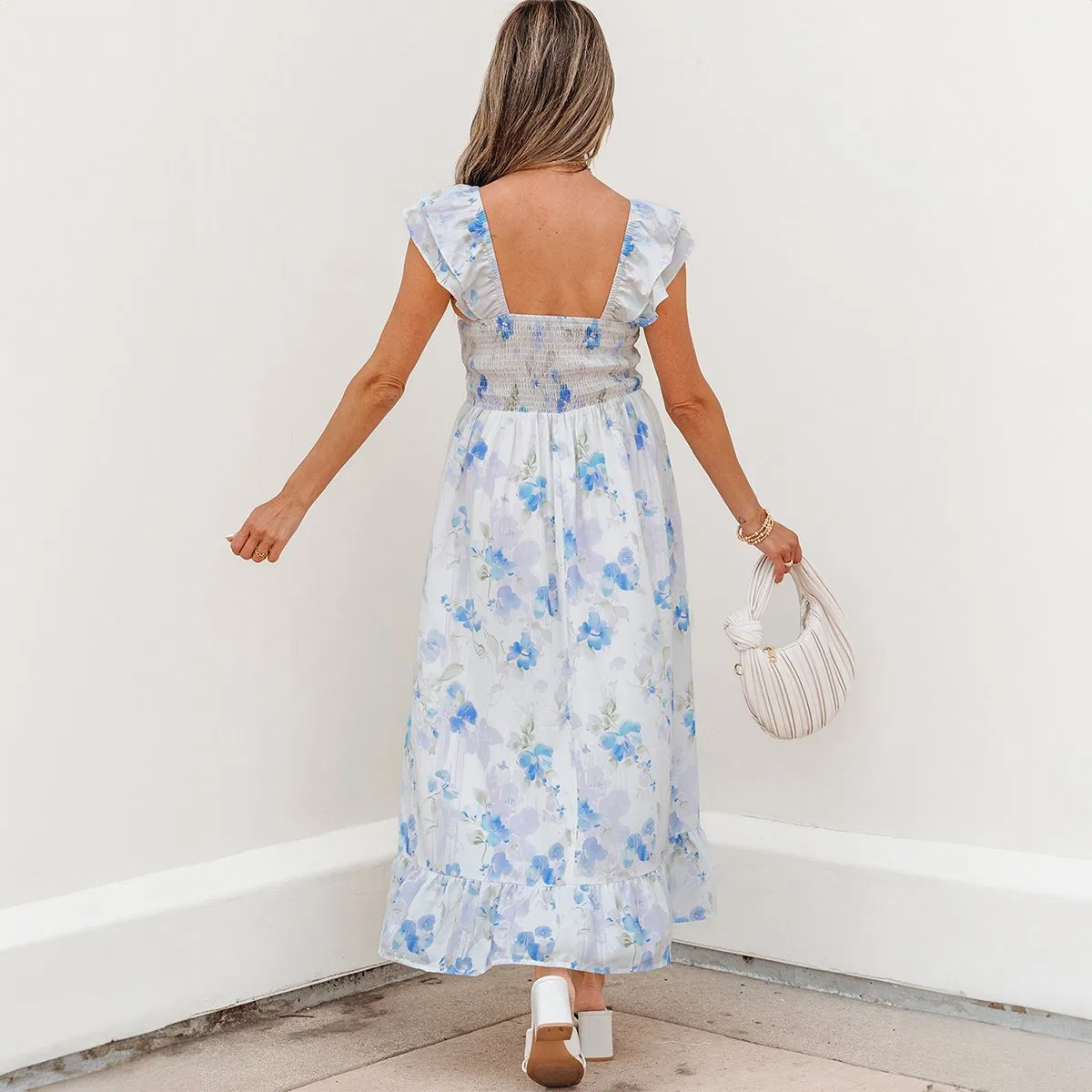 Querido Amor Boutique Mayorista Impuestos de Importación Incluidos Vestido Largo de Verano Sin Mangas con Cintura Fruncida Floral y Doble Volante