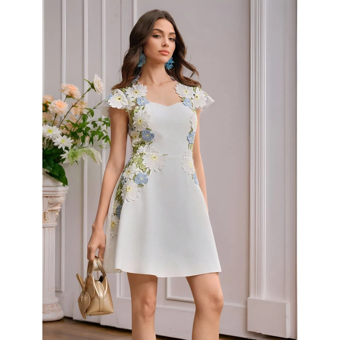 Vestido bordado floral soñador para mujeres, cintura ceñida, dobladillo acampanado, estilo A-line, midi, casual, fiesta, invitada de boda, ropa chic