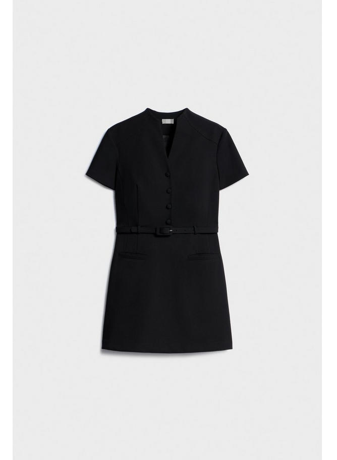 Vestido de traje corto con botones frontales de diseño para mujeres, fabricado por mayorista, ideal para uso en oficina, con tela de mezcla de lana