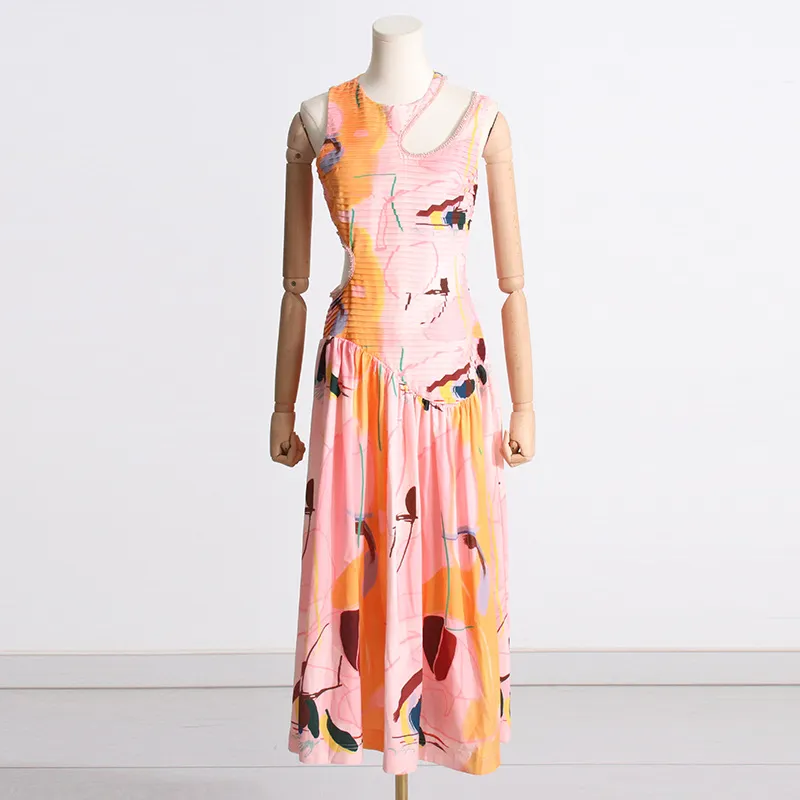 Vestido Largo Adelgazante de Cintura Primavera Nuevo Diseño Sin Mangas Sensación Hueca Vestidos Plisados para Mujeres