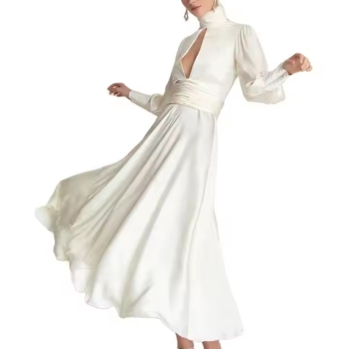 Vestido maxi de satén vintage personalizado para mujeres, elegante, con mangas abullonadas, espalda descubierta y detalle fruncido