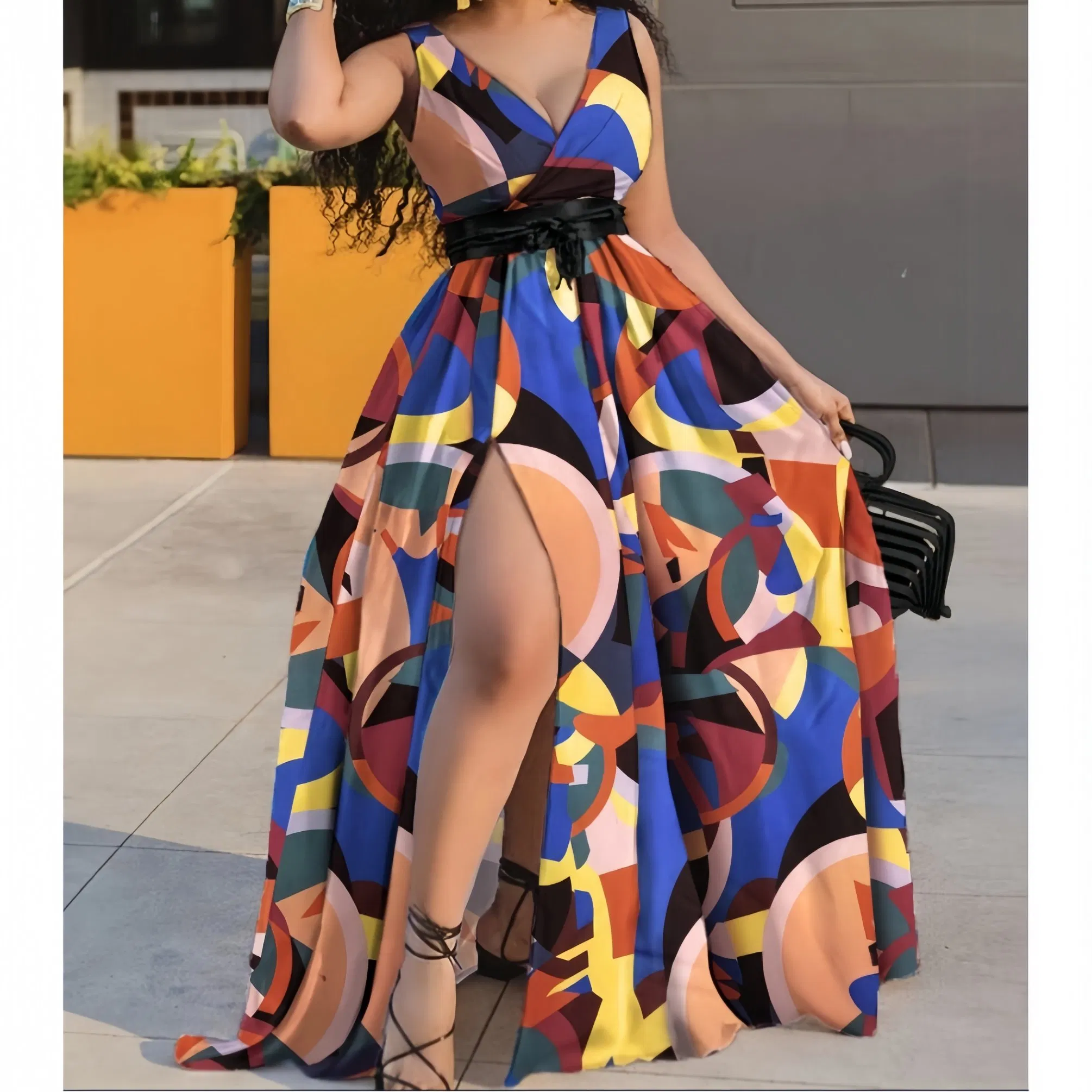 Fabricante de Ropa Personalizada Vestido Maxi Sexy con Abertura de Verano Estilo A-Line Impreso de Moda Sin Mangas con Escote en V Cintura Alta para Mujeres