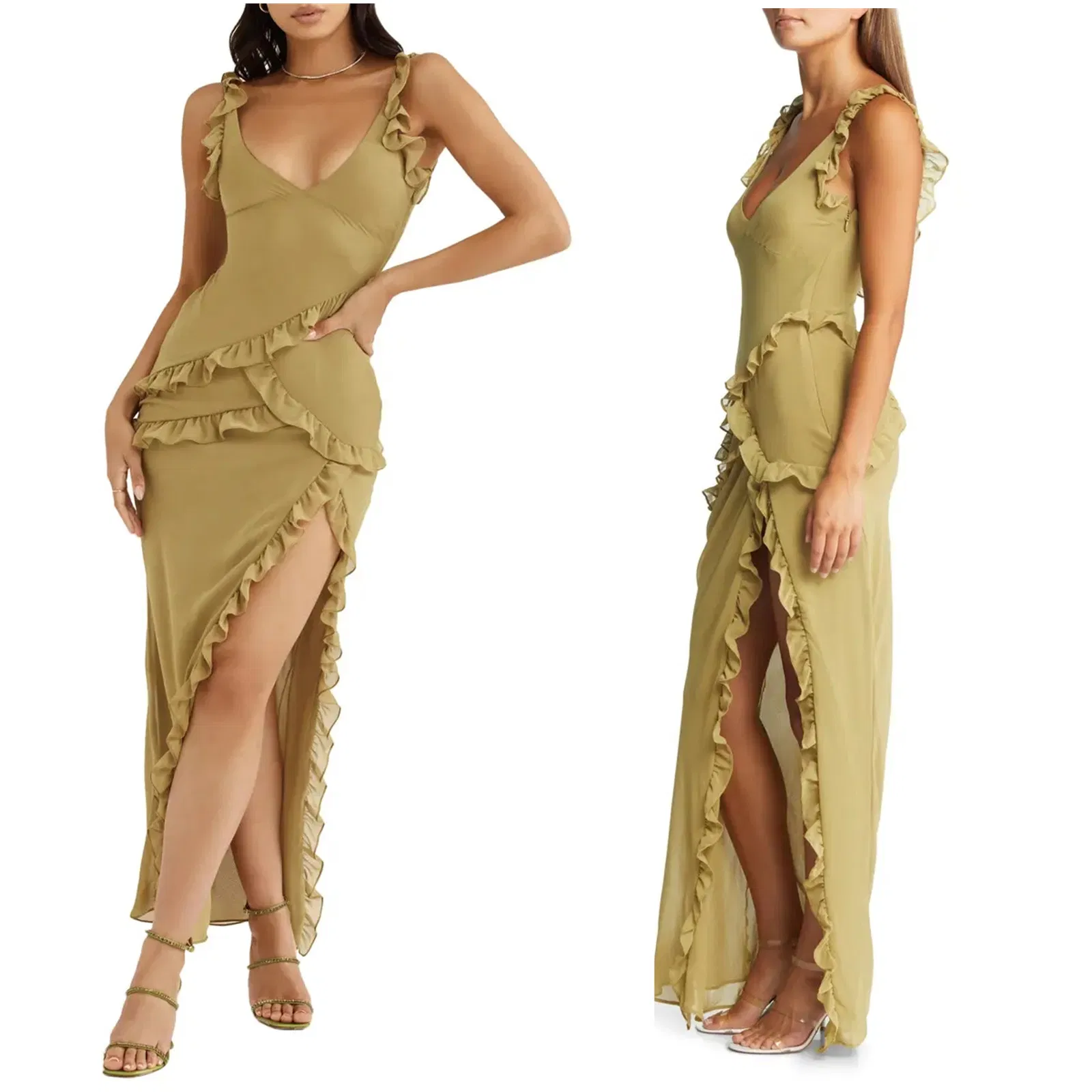 Fábrica China OEM Ropa Elegante para Damas de Nuevo Diseño de Alta Calidad, Venta Caliente, Vestido de Cóctel Cuerpo Ceñido de Georgette con Volantes para Mujeres, Vestido de Noche