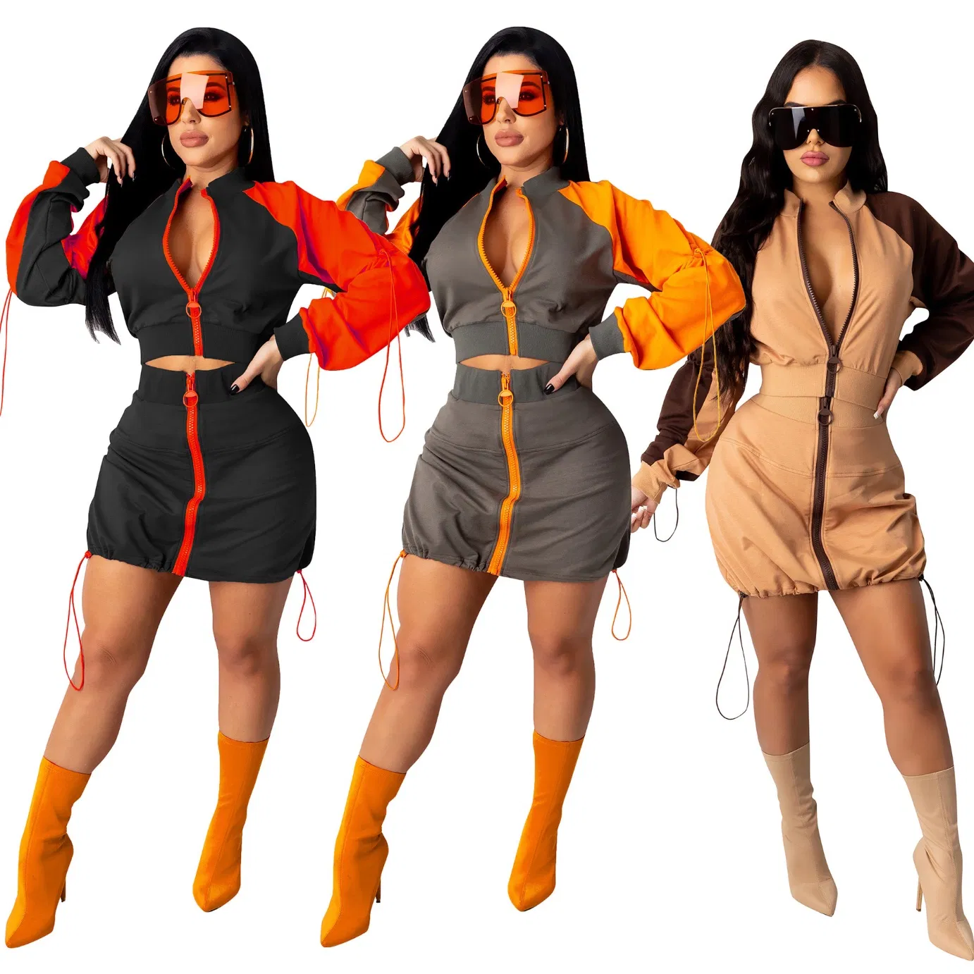 Conjunto de vestido de cuerpo ajustado para mujeres, vestido de dos piezas con manga larga y cremallera, mini vestidos para damas