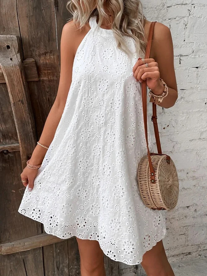 Vestido de verano sin mangas de encaje para mujer, color sólido, con botones en el cuello