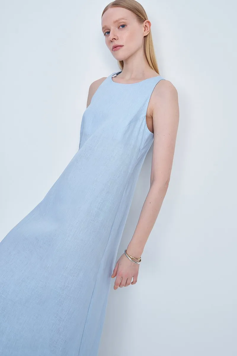Vestido largo sin mangas de lino azul cielo para oficina de mujeres, con espalda descubierta