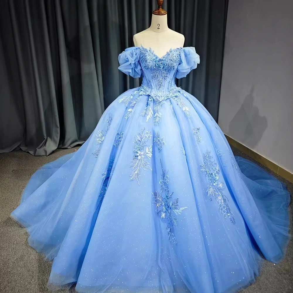 Vestidos de boda para mujeres de fiesta de quinceañera de encaje con escote corazón y hombros al descubierto en azul princesa hechos a mano