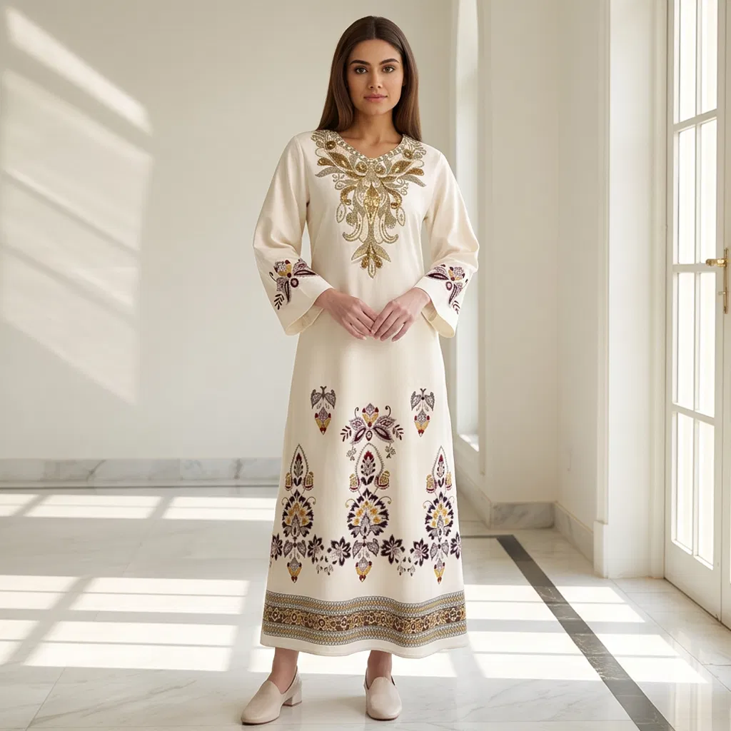 Vestido largo de kurta para mujer con estampado, cuentas, tachuelas de rhinestone y bordado