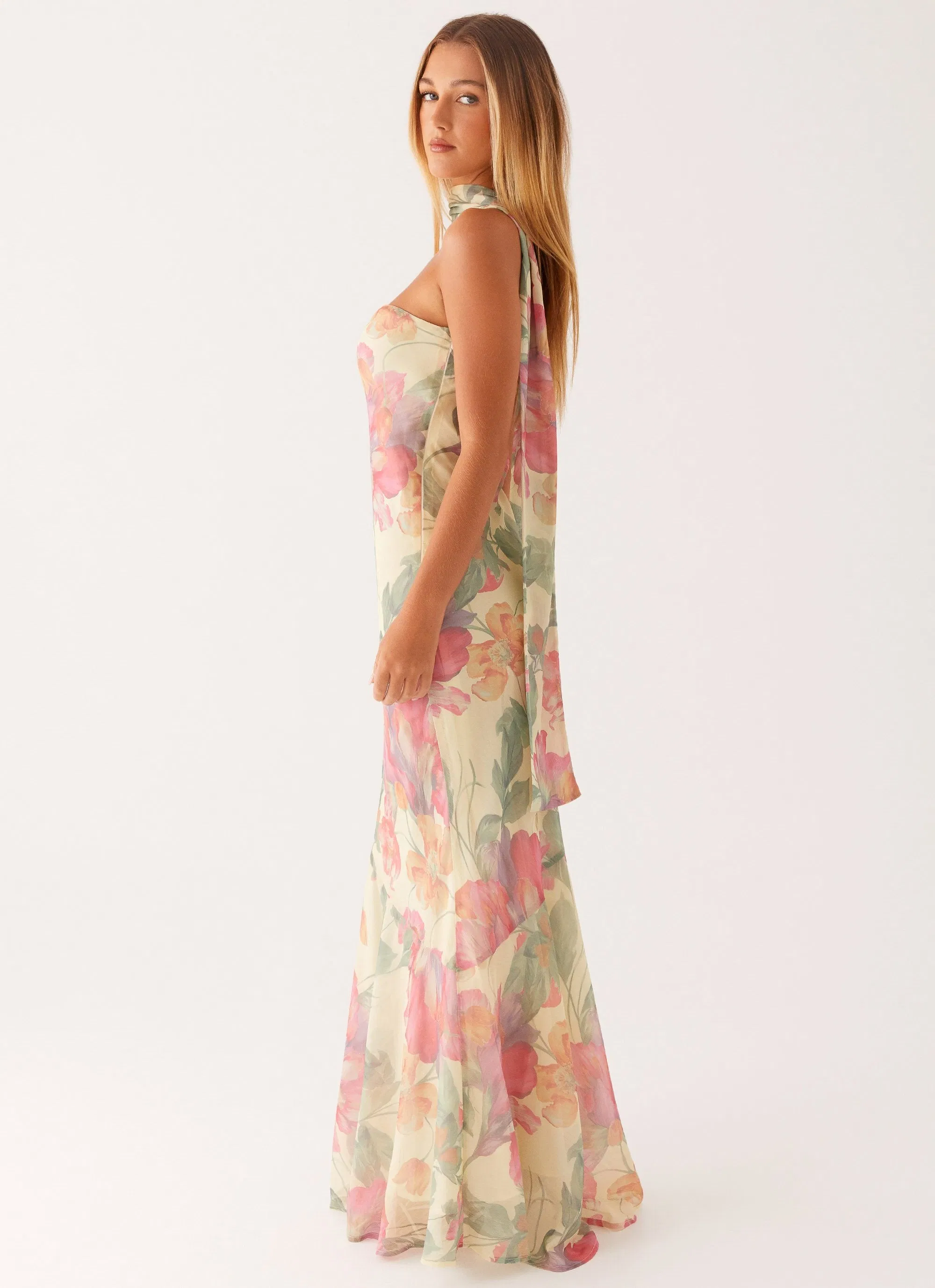 Vestido Maxi Sin Tirantes y Sin Espalda con Estampado Floral para Mujeres, Gown Formal Largo de Chifón con Cuello de Bufanda