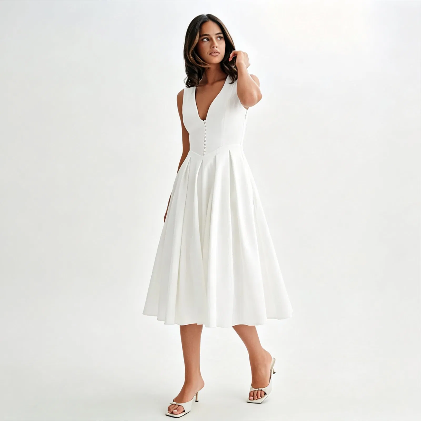 Vestido midi blanco sin mangas con cuello en V y cintura alta para mujer