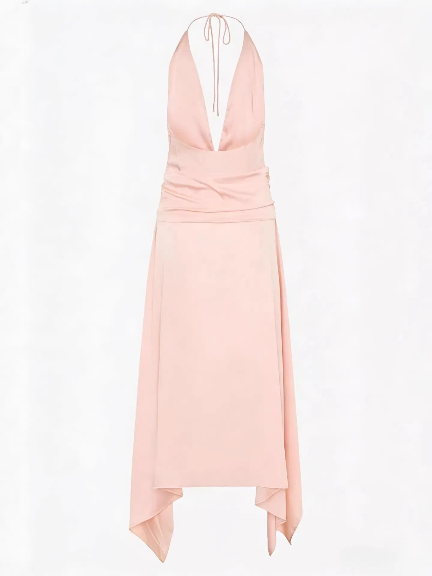 Vestido midi sin mangas de espalda profunda en color rosa rubor para mujeres, con dobladillo asimétrico irregular, vestido largo casual