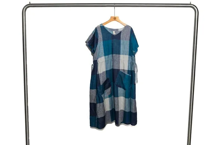 Vestido MIDI de cuadrícula vintage para mujeres – algodón suave y lino con bolsillos