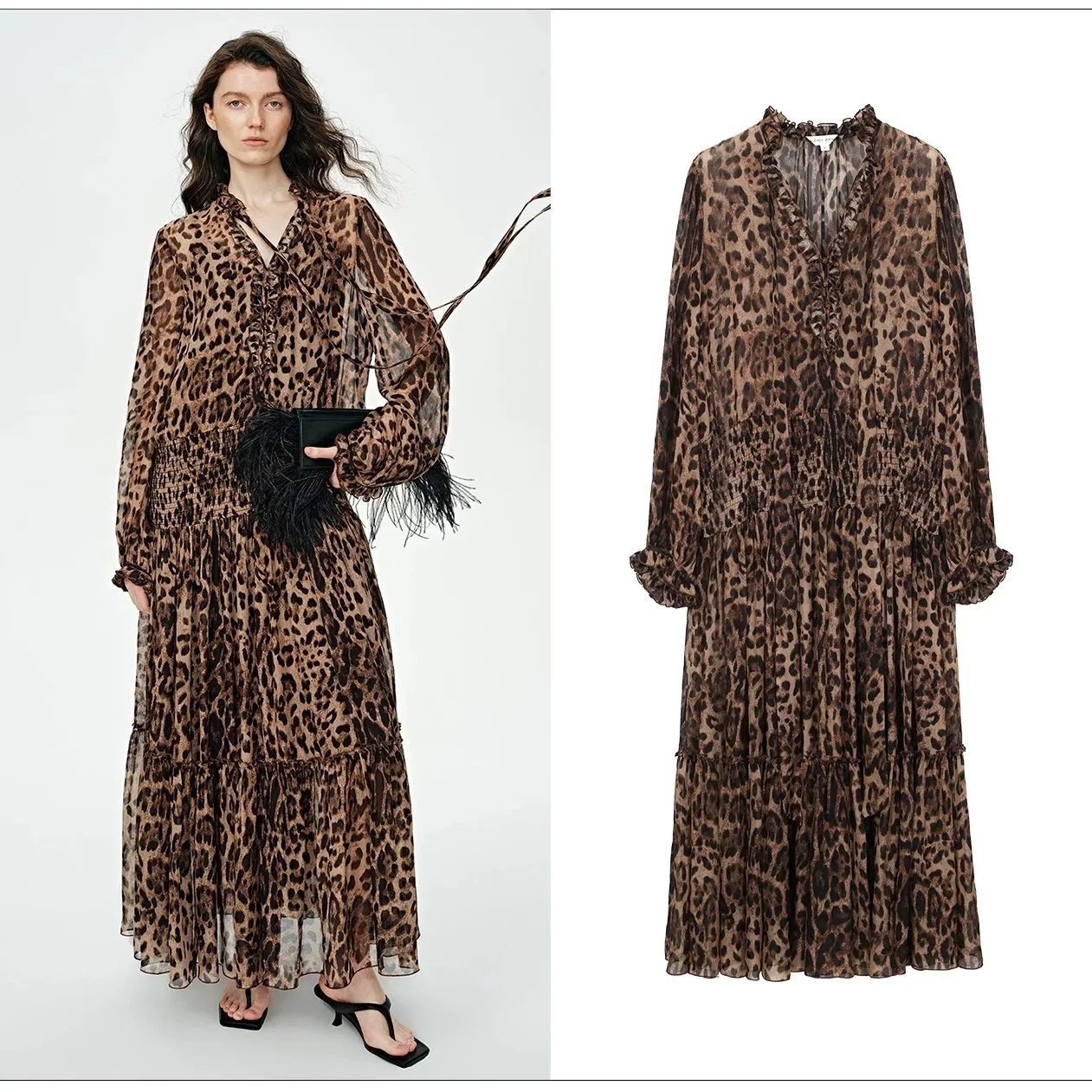 Vestido largo de manga larga de leopardo de lyocell y algodón para mujer, estilo vintage de resort, con cintura ajustada y falda acampanada