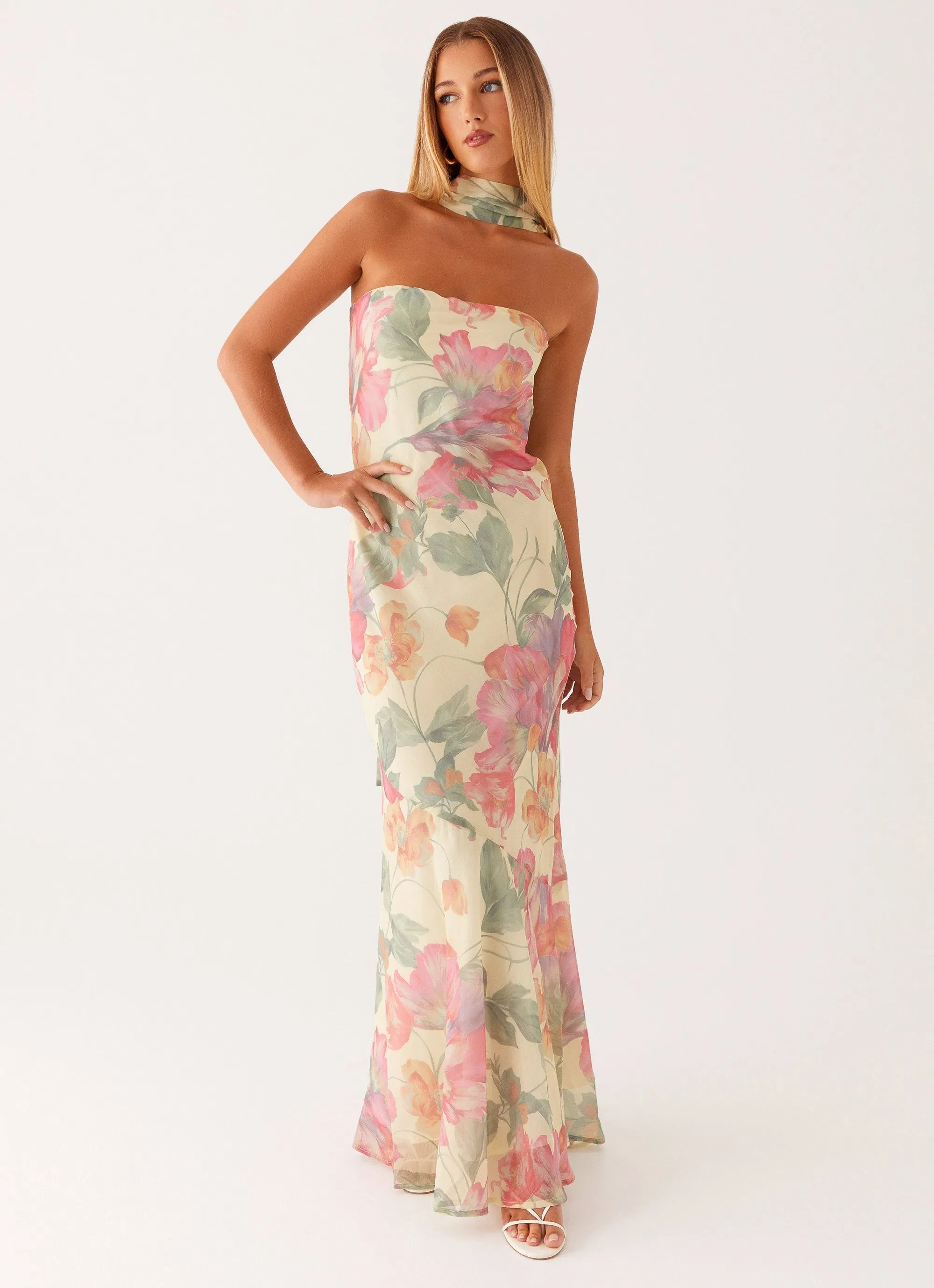 Vestido Maxi Sin Tirantes y Sin Espalda con Estampado Floral para Mujeres, Gown Formal Largo de Chifón con Cuello de Bufanda