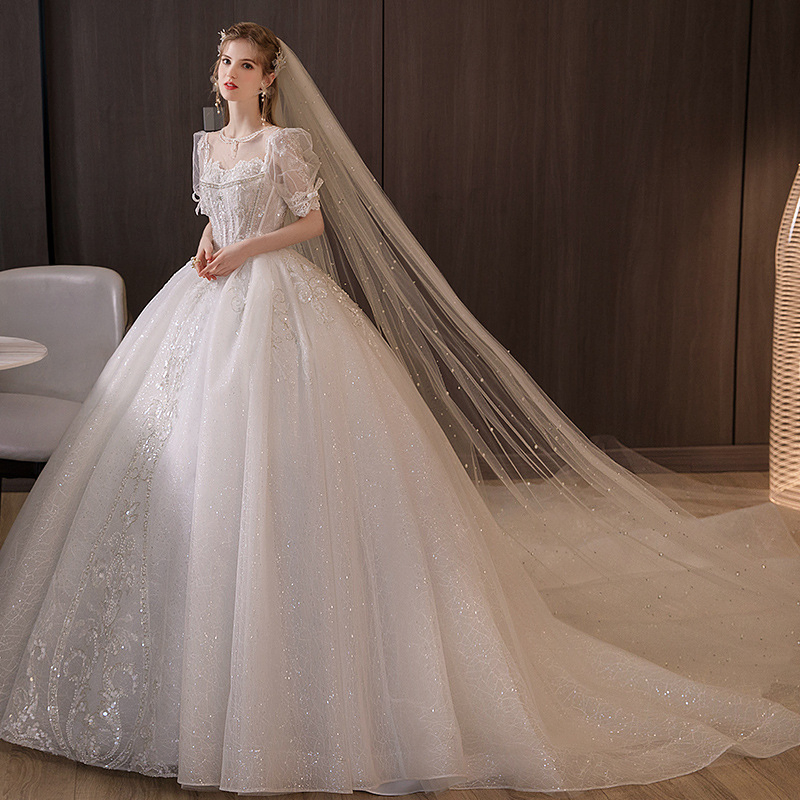 Vestido de novia A-Line de organza con cuentas y cola de capilla Blingbling