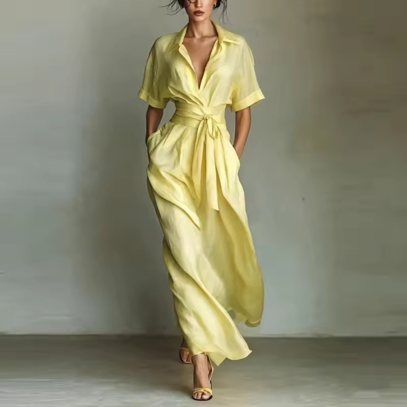 Estilo de vacaciones francés Exportar vestido de mujer elegante retro casual de color sólido, cintura alta, ajuste ceñido, favorecedor vestido midi, vestido casual de moda