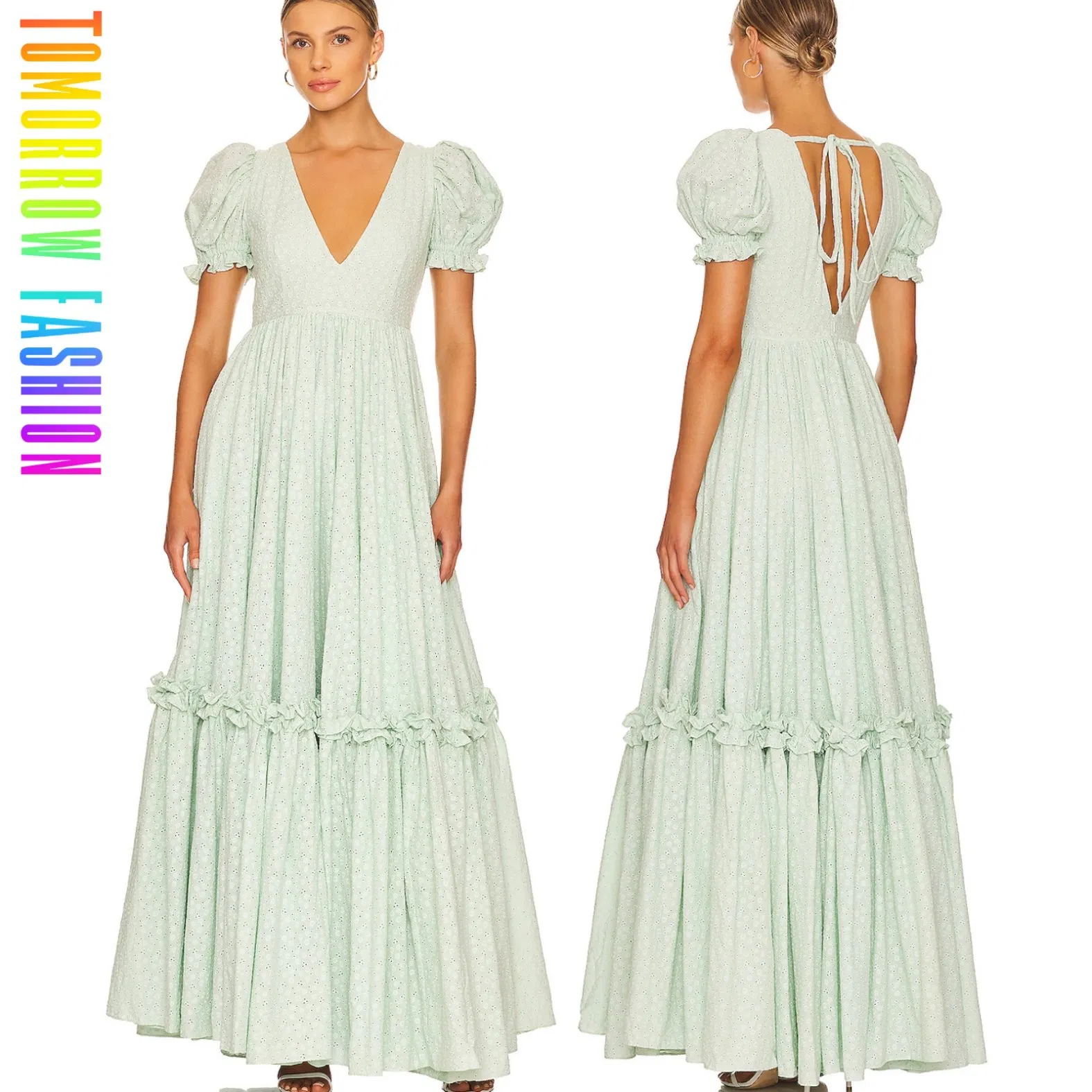 Vestido largo de boda personalizado de alta calidad, de verano, de moda, fabricación OEM, etiqueta privada, vestido maxi para mujeres con mangas abullonadas