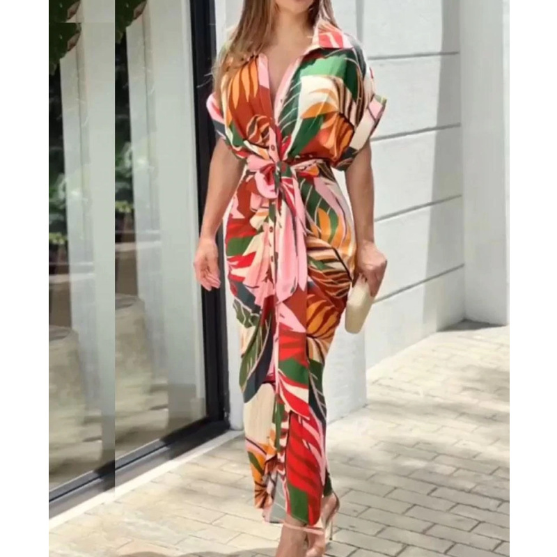 Vestido de noche impreso de manga corta para mujeres, ropa de dama, cárdigan, vestido de moda