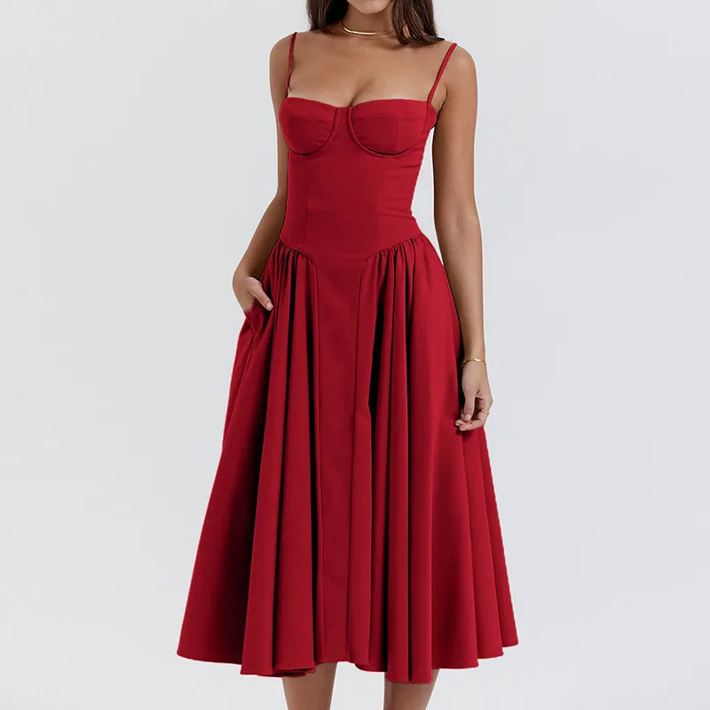 Vestido de tirantes sexy de color sólido hecho a medida para mujeres por el fabricante